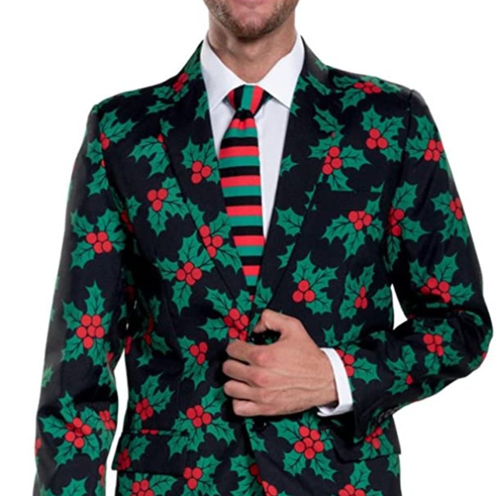 Tipsy Elves Men's Black Holly Christmas Suit 44J/
